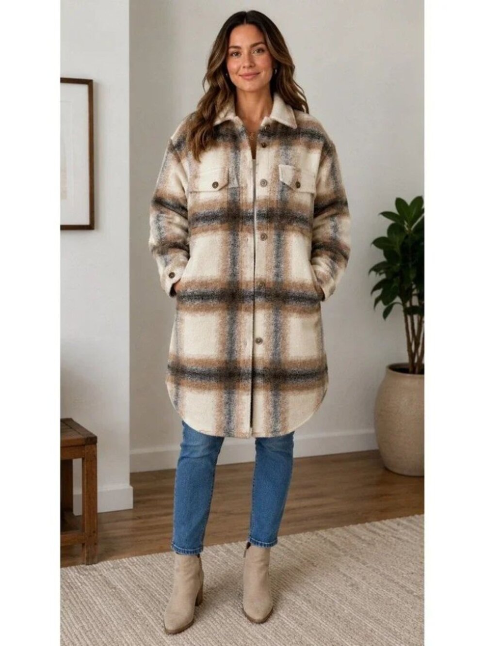 Womens Cream and Brown Plaid Button-Front Coat